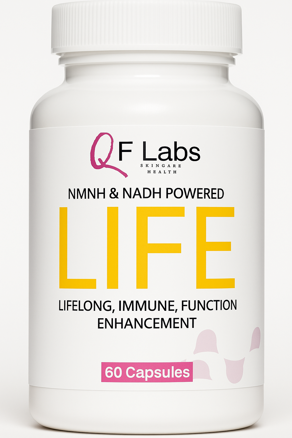 Supplement bottle labeled 'QF Labs' with text about health benefits on a white background