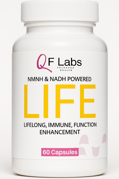 Supplement bottle labeled 'QF Labs' with text about health benefits on a white background
